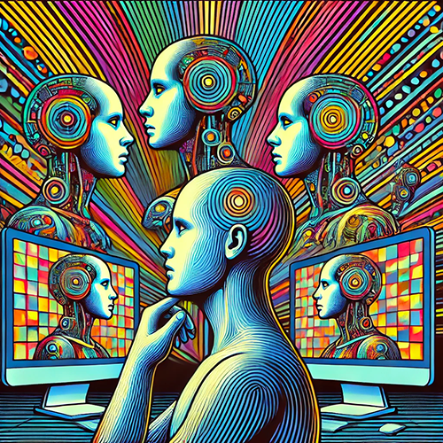 A surreal, colorful illustration depicting a human figure with a contemplative expression, surrounded by humanoid robots. The robots have intricate, circuit-like designs and are connected to vibrant, radiating patterns in the background. Two computer monitors display the same robot heads, emphasizing the blend of technology and human introspection.