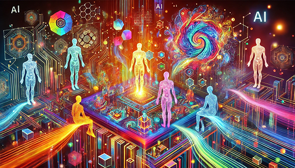 A vivid, digital art illustration depicting multiple humanoid figures made of light/energy interacting in a high-tech, futuristic environment. The scene features complex geometric patterns, swirling energy, and vibrant light trails connecting the figures to a central technological hub. The background is filled with colorful, abstract designs, and the word 'AI' is displayed in multiple locations, emphasizing a dynamic interaction between artificial intelligence and digital entities.