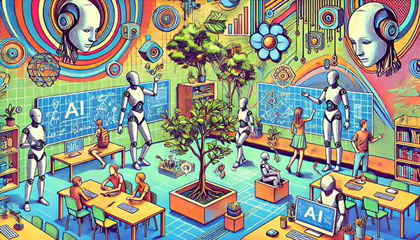 A vibrant, pop-art style illustration of a futuristic classroom where humanoid robots are teaching students. The classroom is filled with greenery, including a large central tree. Students are seated at desks with laptops displaying 'AI' on the screens, while others interact with robots at whiteboards filled with complex diagrams. The background features large, colorful circular patterns and robotic heads, emphasizing the integration of nature and advanced technology in an educational setting.