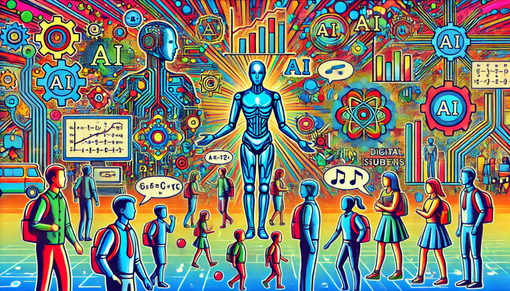 A colorful, pop-art style illustration depicting a humanoid robot in the center, surrounded by various people of different ages, including children with backpacks. The background is filled with educational and technological elements, such as gears, charts, and mathematical equations, and the word 'AI' is repeated multiple times. The robot appears to be teaching or guiding the people, with vibrant lines and symbols radiating from behind it, emphasizing a futuristic and educational atmosphere.