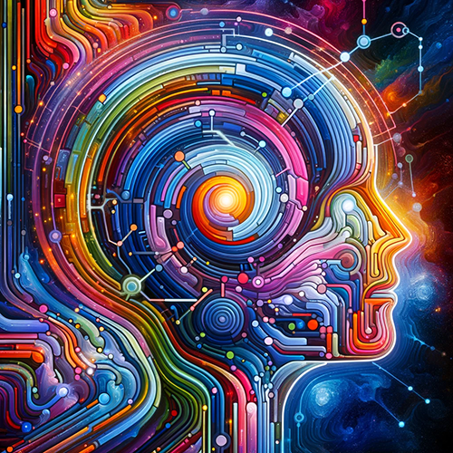 The central figure is an artistic representation of the side profile of a human head, filled with vibrant colors and intricate patterns, and surrounded by circuit-like lines.