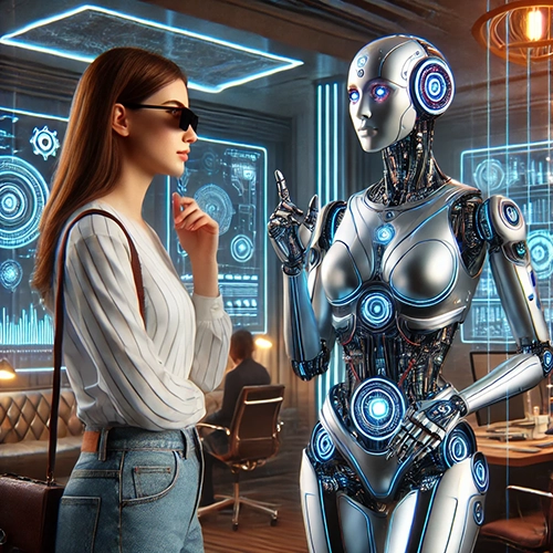 A digital art illustration of a humanoid robot with a sleek, futuristic design, interacting with a woman wearing sunglasses, a striped shirt, and jeans. They are in a high-tech office environment with holographic screens and advanced technology in the background. Other people are working at desks, creating a scene that blends modern office life with futuristic elements.