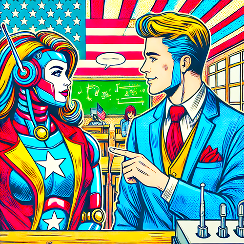 A pop-art style illustration featuring a humanoid robot dressed in patriotic red, white, and blue attire with stars, engaging in a conversation with a blonde man in a blue suit, red tie, and yellow vest. They are in a classroom setting with an American flag on the wall/ceiling, a chalkboard with mathematical equations, and a student seated at a desk in the background. The scene conveys a futuristic and educational environment.
