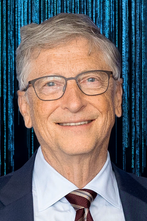 Portrait of Bill Gates smiling, wearing glasses and a suit with a blue shirt and black background with blue binary code.
