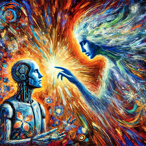 A humanoid robot looks into a woman's eyes as she reaches toward his face. The style is similar to Starry Nights. The background is an explosion of yellow and orange color coming from behind the woman's hand