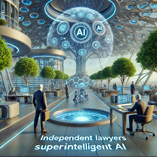 A futuristic office with AI robots and holographic displays where robots in suits work on digital documents in an environment of trees and blue skies, set against the backdrop of the word "AI." The phrase "Independent Lawyers of Superintelligent AI" is on the ground at the office's entrance.