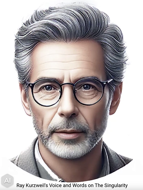 This is an AI-generated headshot of an older man with gray hair and a beard, wearing rounded black glasses and a grey suit, staring into the camera. The text "Ray Kurzweil's Voice and Words on The Singularity" is displayed below him.