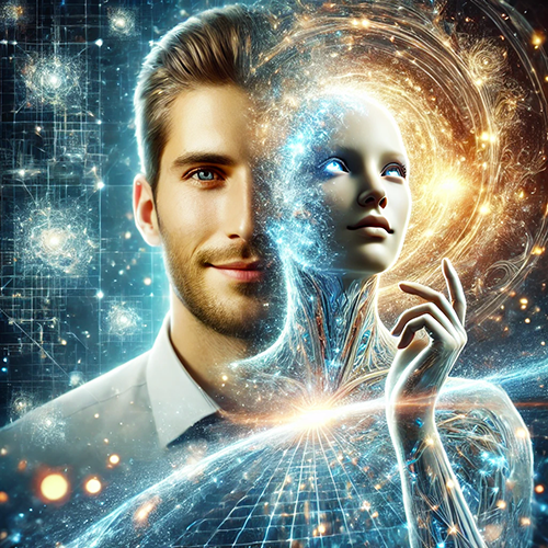 A young man with short brown hair and blue eyes is smiling softly as he looks directly at the camera. He is standing next to a humanoid female robot, who is holding her hand up in thought. The background features swirling patterns resembling futuristic energy and light, with stars shining in the distance.