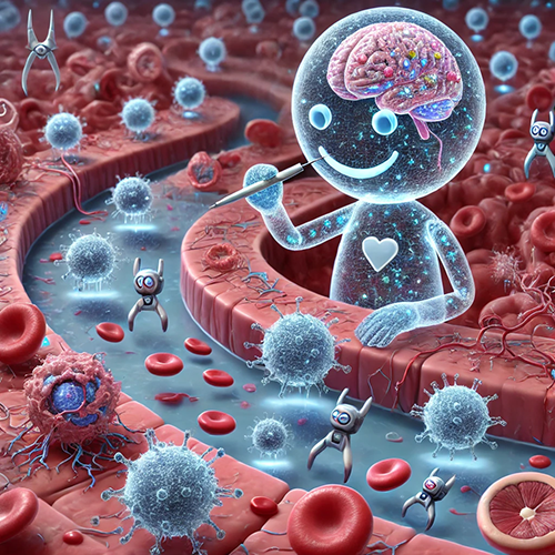 A cute cartoon character with transparent skin, a smiley face, and a visible heart and brain is holding an artistic pen and standing inside the human body. The background is filled with tiny white cells dancing around him, while other little icons, like blue particles, float around. The artwork is high resolution, hyper-realistic, and hyper-detailed.