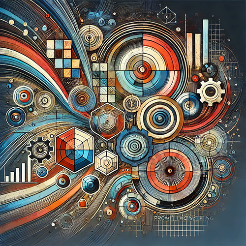 This is an abstract design featuring various patterns and shapes, such as circles, squares, lines, and gears, interwoven with data charts and graphs in shades of blue, red, orange, brown, grey, white, and black. The background is dark gray.