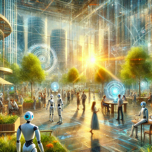 A city square of the future featuring towering buildings, holographic displays, and people and humanoid robots embracing smart living technology. Socializing at outdoor cafe tables, people and robots bask in the sunlight streaming through the skyscrapers.