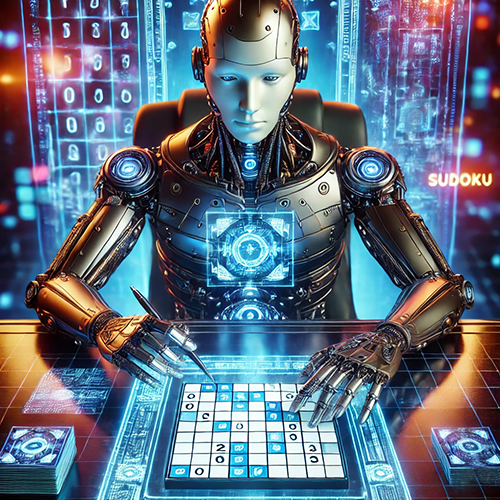 A humanoid robot sits at a desk playing sudoku with the text "sudoku" beside him in orange neon lights. The background is blue holograms.