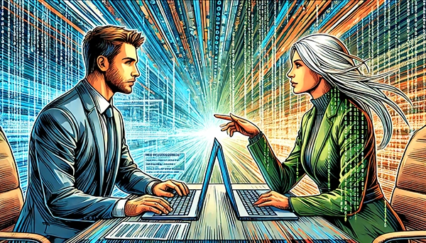 A vibrant, artistic illustration depicting a man and a woman sitting across from each other at a table with laptops, engaged in a conversation. The man has short brown hair and is dressed in a blue suit, while the woman has long white hair and is wearing a green suit. The background features dynamic, radiating lines and digital code, creating a futuristic and high-energy atmosphere. The woman is pointing towards the man, emphasizing an active exchange or discussion.