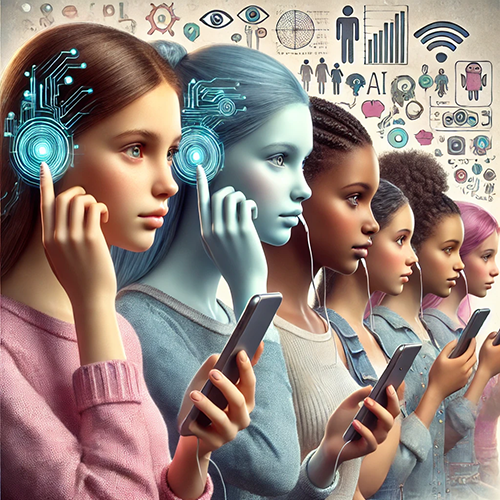 A realistic illustration depicts a lineup of diverse young women, each holding an iPhone or smartphone with earbuds in their ears and looking ahead. The background is filled with various technology-related icons such as circuit boards, digital symbols like gears, speech bubbles, social media logos, data graphs, and AI elements like neural networks or learning icons. Additionally, a blue holographic earpiece is attached to the first two girls in the lineup.