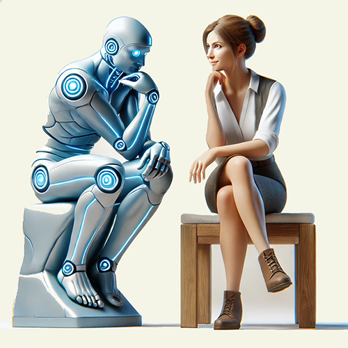 A realistic illustration of an AI robot and a businesswoman sitting next to each other in the pose of "The Thinker."