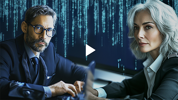 A professional scene featuring a serious-looking man with glasses and a beard on the left and a woman with gray hair and a confident expression on the right. They are seated at desks with laptops in front of them. The background consists of cascading digital code, giving a high-tech, cyber environment feel. A play button icon is overlaid in the center of the image, indicating video content.