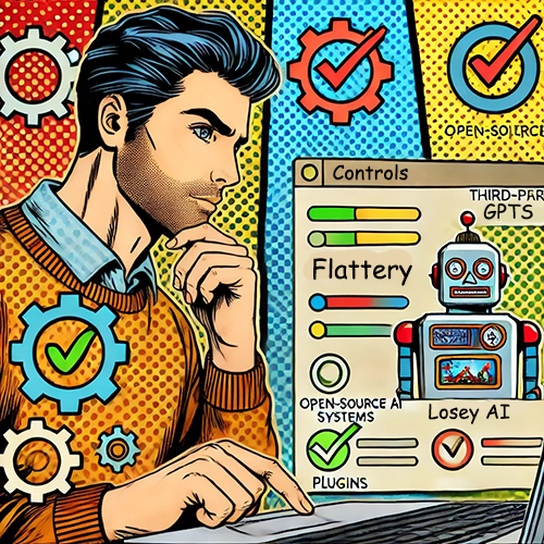 The scene is a comic book panel depicting a man sitting at his laptop. The screen displays the word "Controls" along with other graphic elements such as loading bars, check marks, robots, and various symbols in a pop art style with bright colors. The character is shown looking thoughtful as he gazes at the computer screen. He has black hair and is wearing a sweater over a blue shirt.