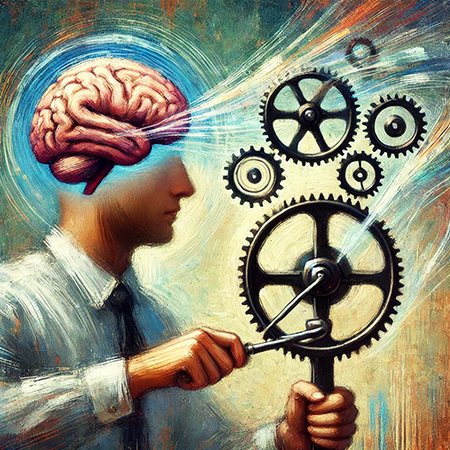 A painting-style image of a man wearing a white button-up and a tie with his brain covering his head, manually turning gears with his hands.