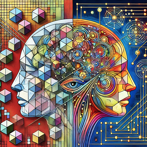 A colorful but muted illustration depicts two heads facing opposite directions, sharing a brain in the middle. There is an eye in the center, and the heads are composed of various geometric shapes.