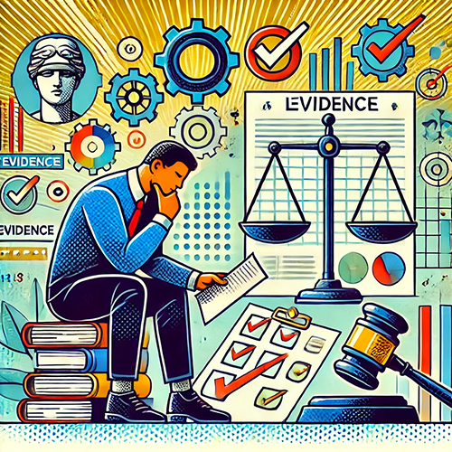 This is a vibrant cartoon-style illustration of a corporate worker surrounded by symbols representing various forms, documents, and charts. The man is sitting on a stack of books with one hand on his chin in thought while reading a document. The background contains turning gears and a large scale with a gavel beside it, all set against a colorful background.