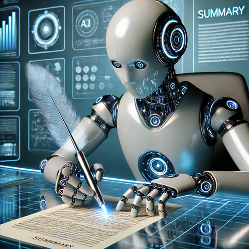 Photo of an AI robot writing on paper with a feather pen. A futuristic interface shows data graphs in the background and the word "SUMMARY." The robot has a light grey metallic texture, a white skin tone color theme, and blue circle patterns on its face and body.