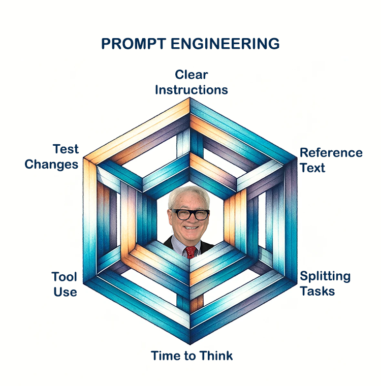 Illustration of the six OpenAI prompt engineering strategies by Ralph Losey with his face in the center.