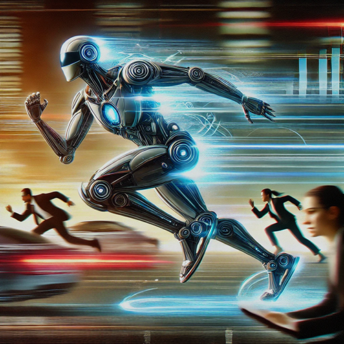 A futuristic robot with metallic skin and glowing blue energy is running at high speed. Three business people in suits are running alongside it. The background of the photo is blurred city streets filled with fast-moving cars.