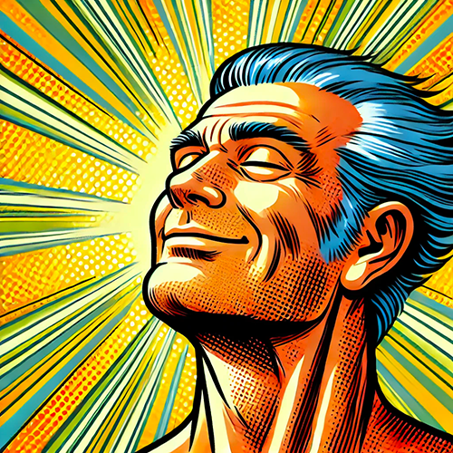 A pop-art style illustration of a man with blue hair and a content expression, facing upwards with his eyes closed. The background features bright, radiating lines in yellow and green, giving the impression of light or energy emanating from behind his head, symbolizing enlightenment or an explosion of ideas.