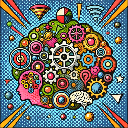 A colorful pop art illustration of an abstract brain depicting gears, graphs, circles, wifi symbols, a human head, and another brain inside. The background is light blue with symbols flowing into the background.