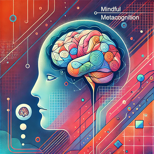 A vibrant illustration of the human head and brain, surrounded by digital elements such as graphs and circuit patterns. The prominent title "Mindful Metacognition" is positioned at the top right.