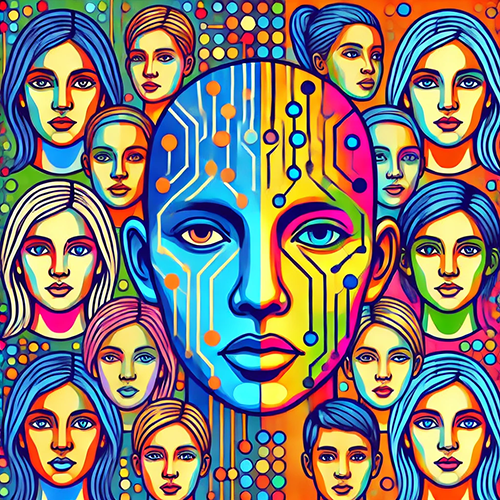 A vibrant, pop-art style illustration featuring multiple diverse human faces surrounding a central figure. The central face is split into two halves: one side resembles a human face, while the other side has a futuristic, circuit-like design. The surrounding faces have various expressions and hairstyles, all depicted in bold, colorful patterns and hues.