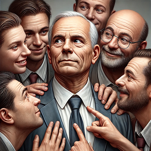 A group of smiling men in suits surround and point at an older man with white hair. The hyper-realistic illustration shows detailed facial features in portrait photography style with professional lighting and high resolution. 