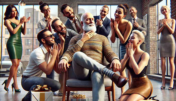 A photorealistic illustration of an older man with a white beard sitting on a chair in the middle, surrounded by happy young people wearing luxurious clothing. They all have their hands clapping together joyfully. The setting is a modern room with large windows overlooking the cityscape. 