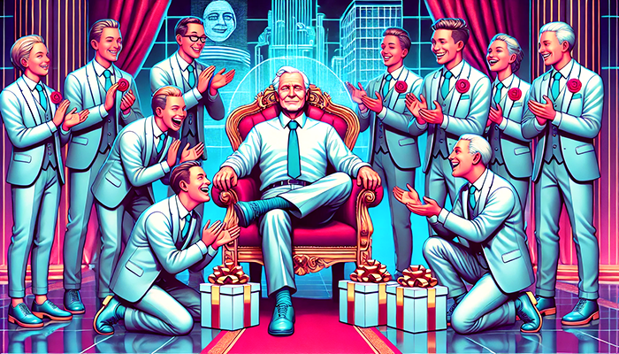 A digital illustration of an older man in formal attire, sitting on a throne surrounded by young men wearing white suits and blue ties, all smiling with their hands clapping joyfully. The setting is a futuristic cityscape at night, illuminated by neon lights. There is a red carpet under the throne room filled with gift boxes arranged neatly at his feet.