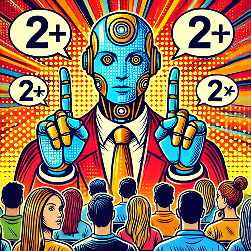 A pop-art style illustration of a humanoid robot in a red suit and yellow tie, standing in front of a group of people. The robot is holding up both hands, each with its index fingers extended, and multiple speech bubbles with '2+' symbols surround its head. The background features dynamic, radiating lines in red and yellow, emphasizing the robot's actions as it teaches or presents to the audience.