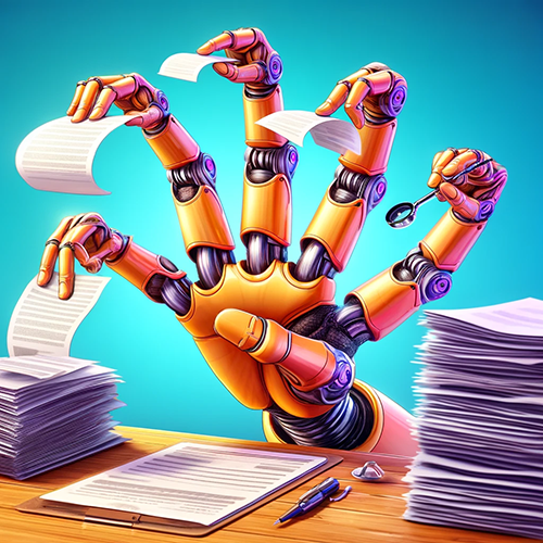 A cartoon-style image featuring a yellow robotic hand with fingers that are arms with hands at the end, flipping through a stack of papers.
