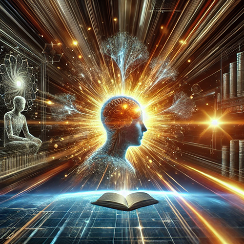 An open book is surrounded by light beams, and in the background, there is a transparent AI head with books on shelves. To the left of the AI head, there is a faceless figure sitting on a bookshelf. In the center, energy waves are emanating from the head of the figure, and its brain is radiating bright rays, creating a surreal atmosphere.