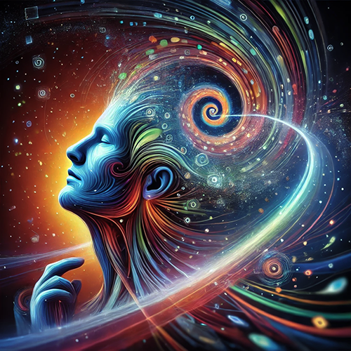 A vibrant digital art of an otherworldly figure with colorful energy waves radiating from their head, surrounded by swirling patterns and stars, with a focus on the face.