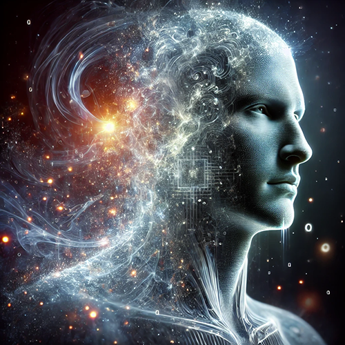 A digital art representation of an AI entity with glowing energy waves emanating from its head and body, surrounded by stars and galaxies in the background, focusing on its face.