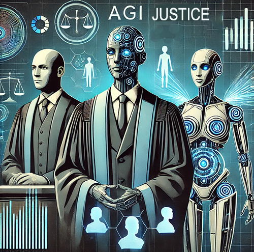 A digital artwork portrays a futuristic scene in a courtroom setting, featuring three figures representing justice and artificial intelligence. In the center, a humanoid robot judge in traditional judicial robes stands with glowing blue circuits visible on its face and body. To the left, a human judge in similar attire stands confidently. A female robot with mechanical and glowing blue elements stands to the right, embodying advanced technology. The background includes holographic icons of scales of justice, legal symbols, and data graphs, emphasizing the integration of AGI (Artificial General Intelligence) in the judicial system. The words "AGI" and "JUSTICE" are prominently displayed at the top.