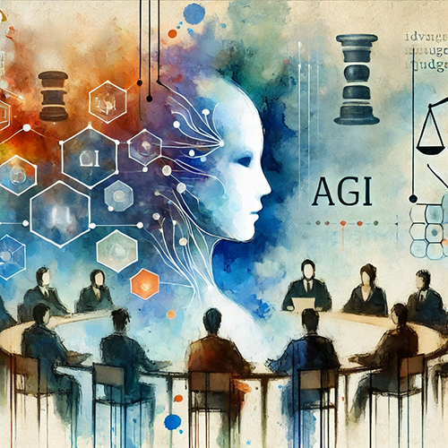 A watercolor-style digital artwork depicts a meeting scene where a group of people are seated around a circular table, discussing artificial general intelligence (AGI). In the background, a large ethereal face representing AGI is connected to hexagonal icons with lines, symbolizing data and connectivity. Legal symbols like scales of justice and gavels are subtly incorporated into the design. The word 