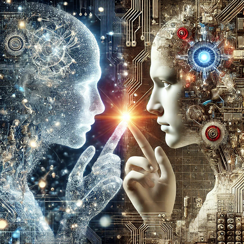 A digital artwork depicts two figures facing each other with their index fingers touching, creating a glowing point of light. The figure on the left appears ethereal and translucent, composed of intricate patterns and illuminated circuits. The figure on the right resembles a human with mechanical components integrated into their head and body, showing exposed circuits and machinery. The background is filled with complex electronic and mechanical elements, emphasizing a fusion of organic and artificial intelligence.