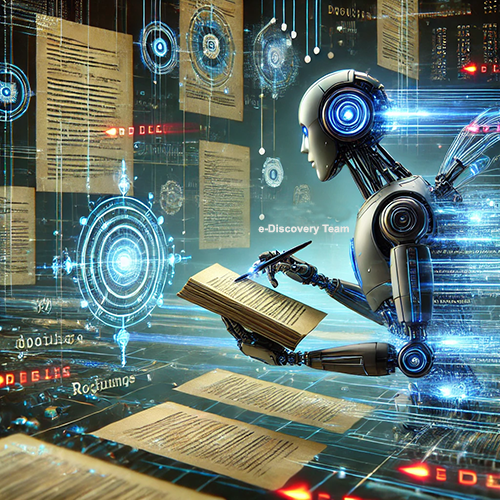 A digital artwork features a humanoid robot engrossed in reading a book, symbolizing the role of artificial intelligence in e-discovery. With a sleek metallic design and glowing blue circuits, the robot sits amidst floating pages and digital documents. The background is filled with holographic interfaces, data streams, and target-like graphics, emphasizing advanced technology and information processing. The phrase "e-Discovery Team" is subtly included in the design, highlighting the focus on AI's application in legal and data analysis fields.