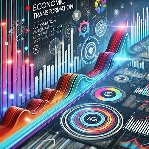 A dynamic digital artwork depicts economic transformation through automation and AGI (Artificial General Intelligence). The image features colorful graphs, charts, and data visualizations, with a prominent wavy line graph running diagonally across the composition. The background includes various icons representing technology, gears, and automation processes. The phrase 