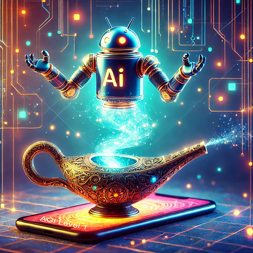 A vibrant digital artwork depicts a futuristic scene where a small robot labeled "AI" emerges like a genie from an ornate, glowing lamp. The lamp sits atop a modern smartphone with the text "AGI Level 1" displayed on its screen. The robot has mechanical arms extended, and sparkling digital particles flow from the lamp, creating a magical, high-tech atmosphere. The background features circuit-like patterns and glowing elements, emphasizing the blend of technology and magic. The composition highlights the concept of AI as a powerful, almost magical force emerging from everyday technology.