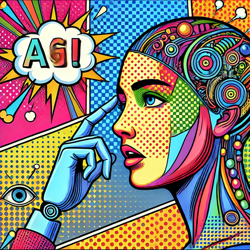 A vibrant pop art-style illustration features a human-like figure with bright, geometric patterns and mechanical elements integrated into their head. The figure is in profile, with a thoughtful expression and one hand touching their temple. A speech bubble near the top-left corner contains the text 