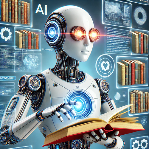 A humanoid robot with a sleek white and metallic body is holding an open book and appears to be reading it. The robot has glowing, orange eyes, and intricate mechanical details are visible on its arms and torso. Behind the robot, multiple digital screens are displayed, featuring images of books, data, and icons, including a heart, representing information and AI-related concepts. The word "AI" is prominently displayed in the top left corner. The scene conveys the idea of artificial intelligence gaining knowledge or understanding through reading.