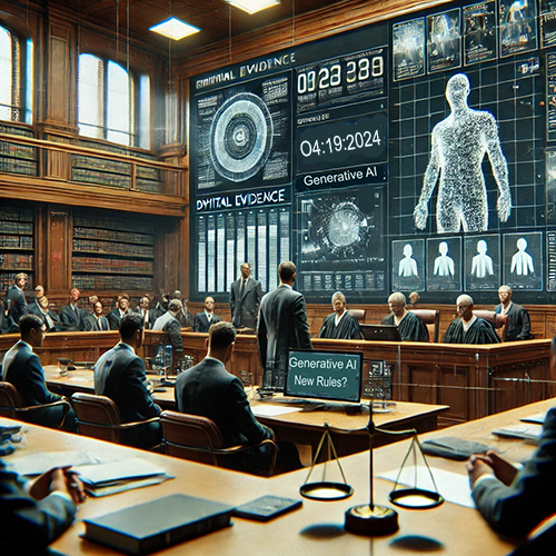 A courtroom scene with a futuristic, high-tech atmosphere. The room is filled with judges, lawyers, and other officials. In the background, a large digital screen displays various data, including a humanoid figure made up of digital elements, labeled "Generative AI." Other information on the screen includes timestamps and the words "CRIMINAL EVIDENCE" and "DIGITAL EVIDENCE." The scene suggests a trial or hearing related to generative AI, with a sign on a desk in the foreground reading "Generative AI New Rules?" A pair of scales of justice is also visible, indicating a legal context.