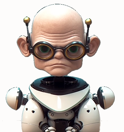 A cartoonish, humanoid robot with a grumpy, bald human-like head. The robot has large, round eyes framed by oversized, brass-rimmed goggles, giving it a stern and slightly comical expression. Its head is attached to a sleek, white robotic torso with spherical shoulder joints and mechanical arms. Two antenna-like structures with yellow tips protrude from the sides of its head, adding to its quirky appearance. The overall design combines a retro-futuristic aesthetic with exaggerated, expressive features.