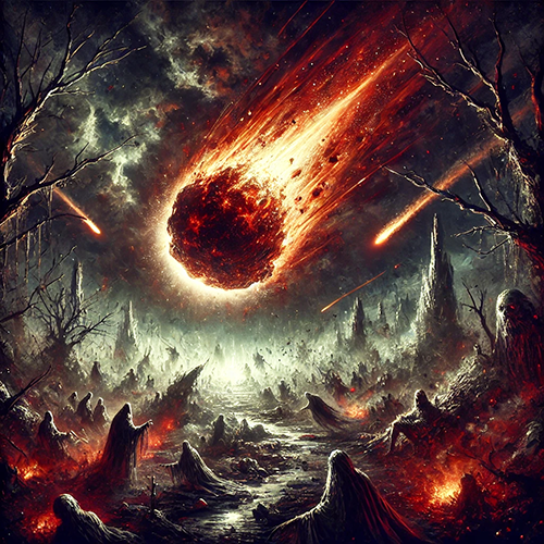 A dark and apocalyptic scene depicting a fiery meteor hurtling toward a desolate, nightmarish landscape. The sky is ominously filled with storm clouds, lit up by the meteor's intense glow. Below, a barren wasteland stretches by twisted, skeletal trees and shadowy, shrouded figures that appear to be watching the impending doom. Fires burn sporadically throughout the terrain, casting an eerie red and orange light contrasting with the darkness. The atmosphere is one of destruction and despair, evoking a sense of impending cataclysm.